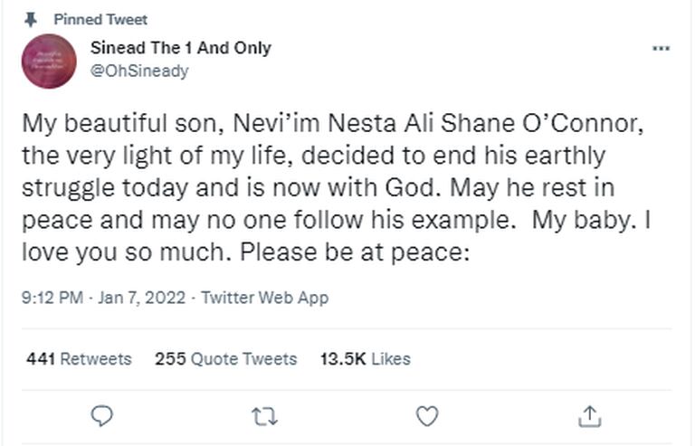 Sinéad O'Connor compartió una dolorosa publicación en Twitter para despedir a su hijo