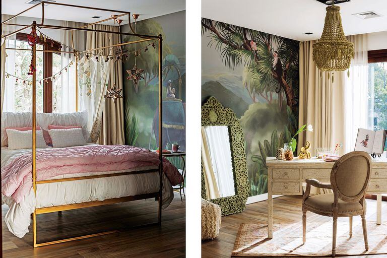 Fotos de un dormitorio con mural, escritorio en nácar crudo, silla Luis XV y lámpara estilo Imperio con borlas de madera.