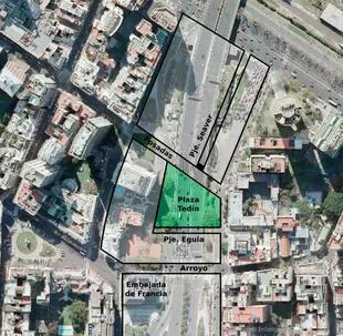 Fotomontaje que muestra dónde estaba el Pasaje Seaver y la plaza Tedín sobre la 9 de Julio.