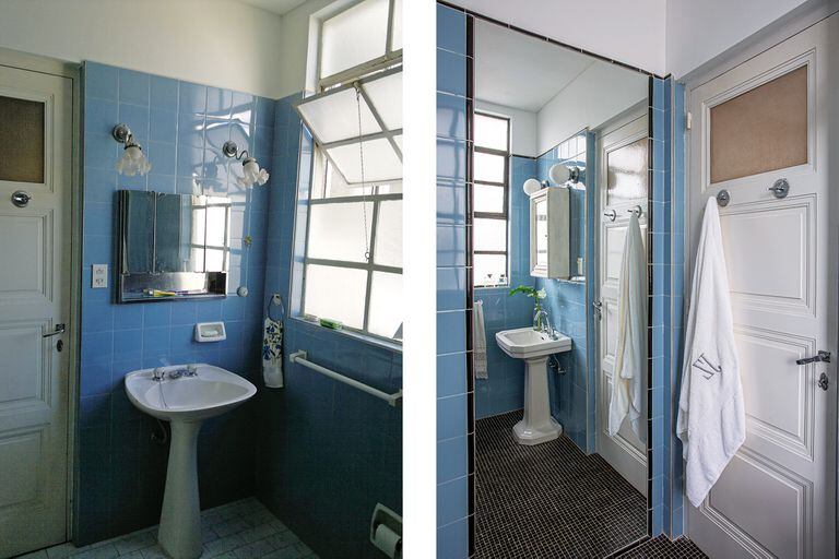 Foto de un baño con piso de venecitas piezas vintage: lavatorio, el botiquín y lámparas redondas.