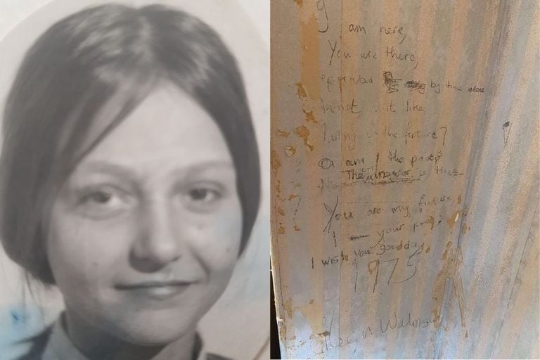 Izquierda: Eileen a los 13 años. Derecha: el poema que escribió en la pared de su dormitorio en 1975