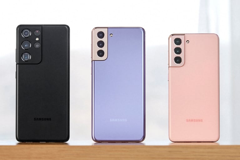 Los tres integrantes de la familia S21 de Samsung: el Galaxy S21 Ultra, el Galaxy S21+ y el Galaxy S21