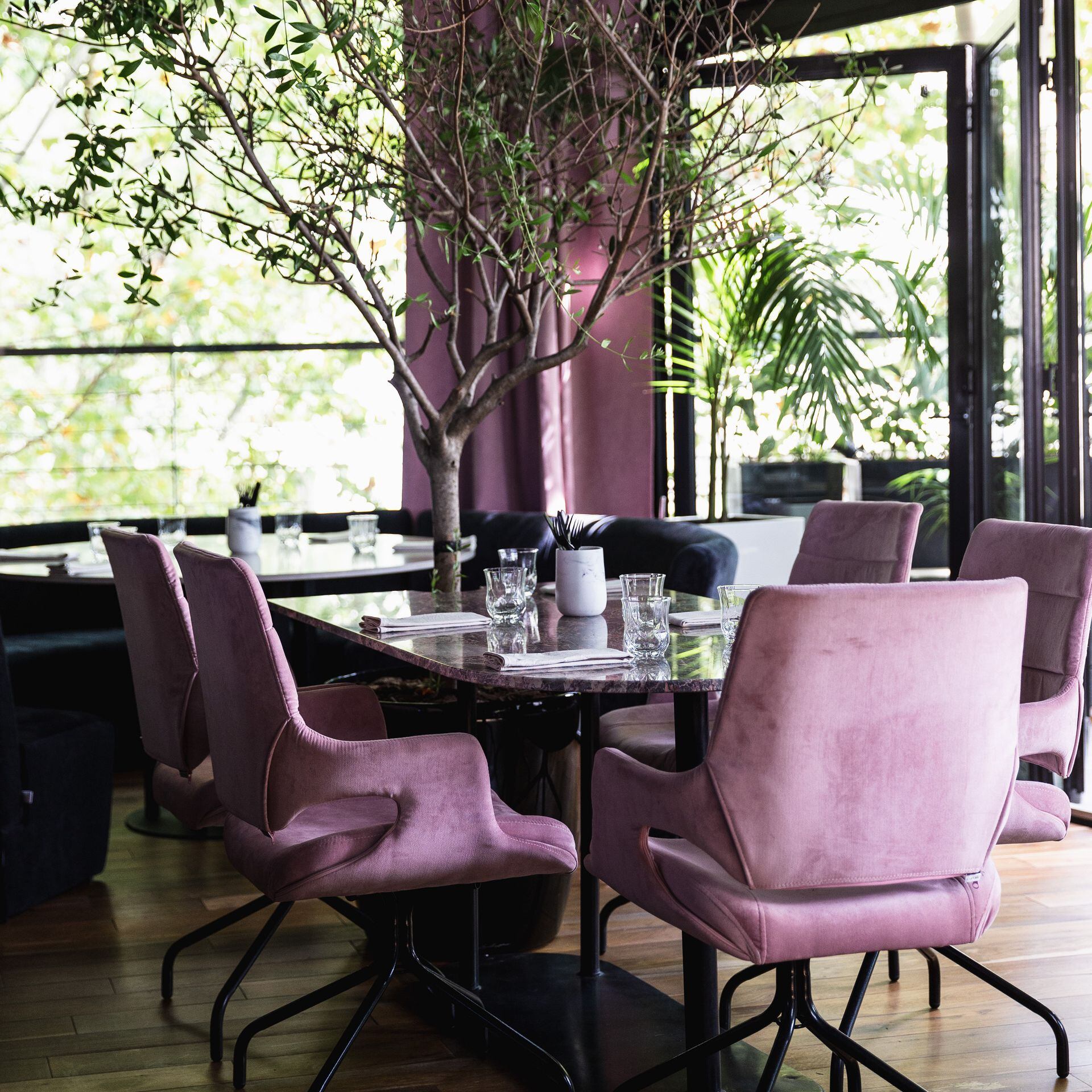 La mesa comunal con un olivo en el centro es una de las insignias de este restaurante que permanentemente busca la unión con la naturaleza.