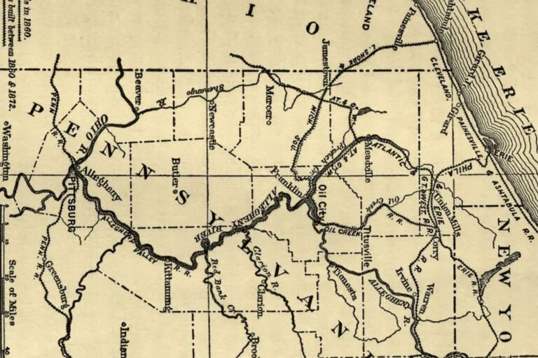 Mapa del noroeste de Pensilvania, que muestra la región petrolera con los ferrocarriles en 1859, cuando se descubrió petróleo, y las líneas construidas entre 1860 y 1872