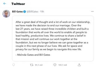 El tuit con el que Bill Gates anunció su separación de su esposa Melinda