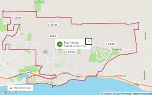 The map shows the houses for sale in Montecito, California