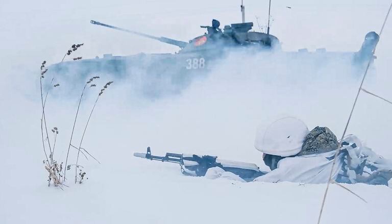 In this image made from video and released by the press service of the Russian Defense Ministry on Wednesday, February 2, 2022, Russian soldiers during military exercises at the Yurginsky training ground in Kemerovo region, Russia.