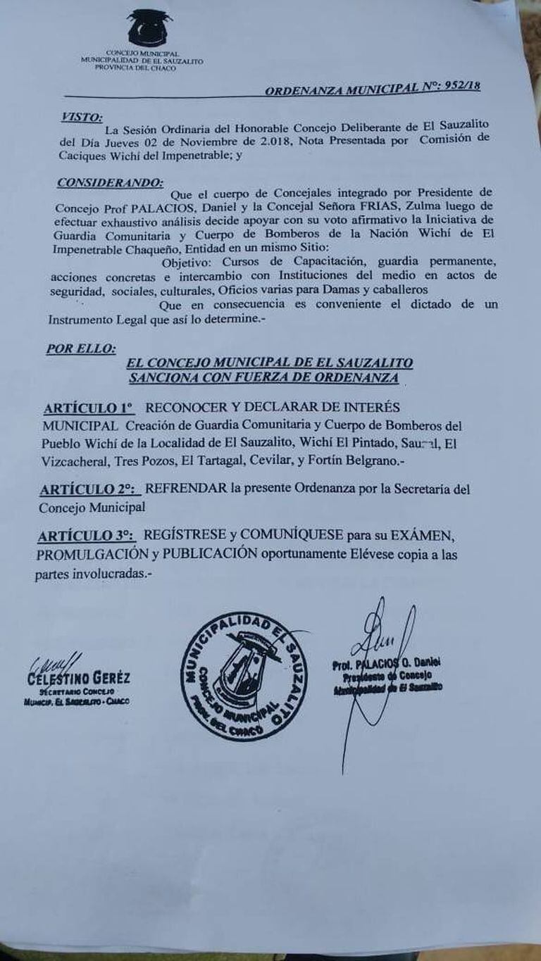 La ordenanza del Concejo Municipal de El Sauzalito que aprueba la creación de las Guardias comunitarias de los wichis en El Impenetrable