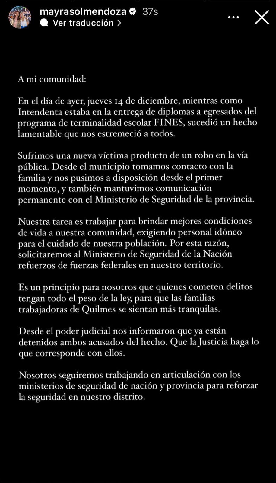 Comunicado de Mayra Mendoza, intendenta de Quilmes, tras el asesinato a un hombre al que le robaron la moto en su distrito