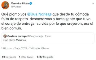 La respuesta de Verónica Llinás al posteo de Gustavo Noriega.
Foto: Twitter @VLlinas