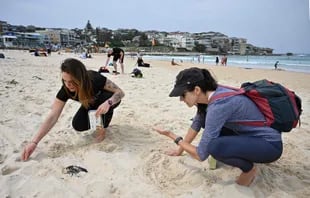Las activistas Julie Montedoro, de 29 años, e Isabel Young Pérez, de 32, participan en una limpieza de la playa en la playa de Bondi en Sydney
