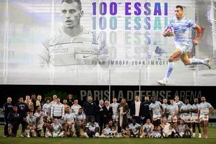 La celebración de Racing 92 por los 100 tries de Juan Imhoff en el club de París.