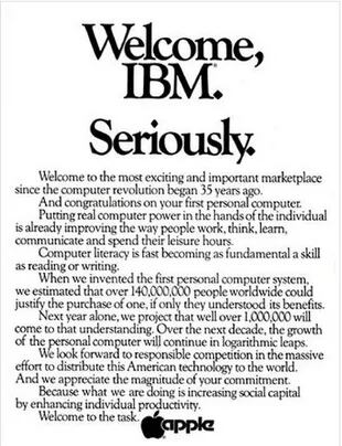 El aviso que publicó Apple, por entonces el líder en computación personal, cuando IBM puso en venta su PC