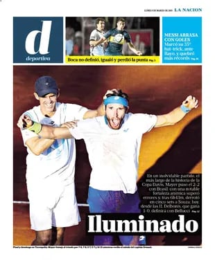 La tapa de La Nación Deportiva con la histórica victoria de Leo Mayer ante Souza, en la Copa Davis de 2015. 