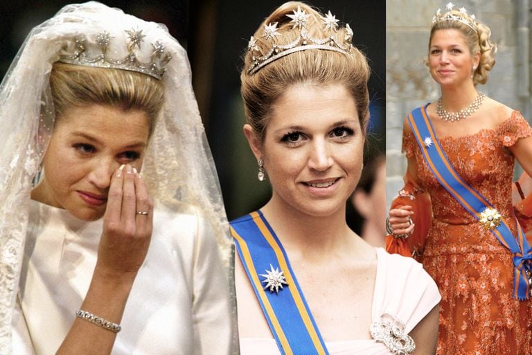 El día de su boda, Máxima llevó la tiara de las estrellas. Volvió a usarla cuando se casaron Federico y Mary de Dinamarca (centro) y para el casamiento de María Luisa de Noruega y Ari Behn (derecha).