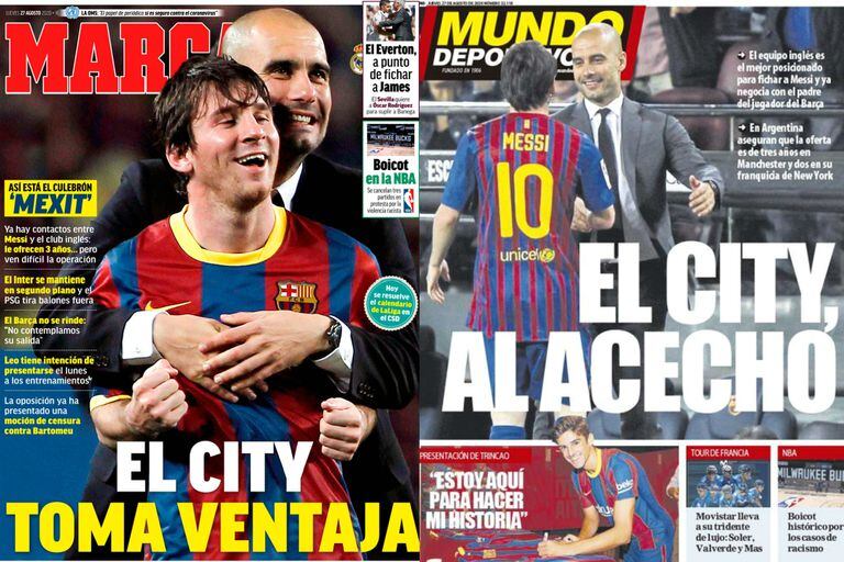 Las portadas de los matutinos Marca y Mundo Deportivo, con Messi y Pep Guardiola como protagonistas