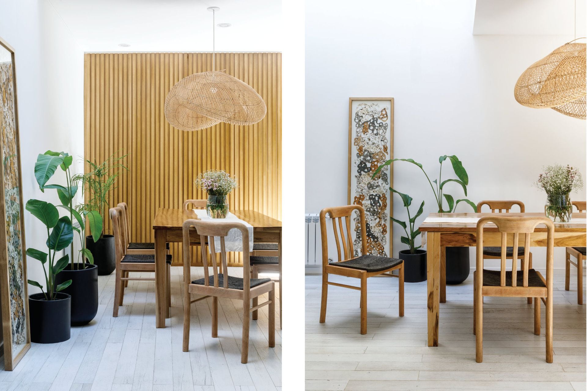 Pendant lamp made of natural fibers (Compañía Nativa).  Custom petiribí table (Lark Decoration).  Road (Gion).  Inherited chairs, restored and upholstered with black kraft thread (Lavando Madera).  Work in paper cut by Inés Tassano.  Wood cladding (Imdo Moldings).  Plants and pots (Nature City).