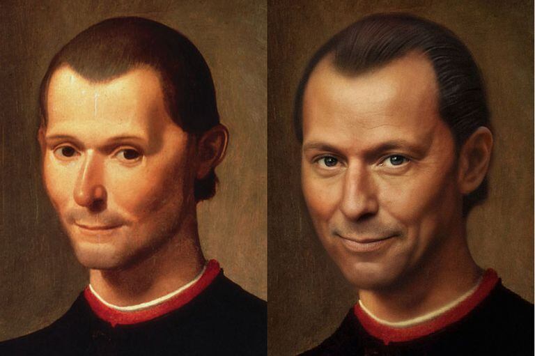 Nicolás Maquiavelo según el retrato que hizo Santi di Tito a fin del siglo XVI, y la reconstrucción que hizo Bas Uterwijk