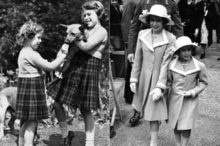 Esta combinación de fotos muestra, de izquierda a derecha, a la princesa Margaret Rose alimentando con una galleta a un Corgi de Pembrokeshire que tenía la princesa Isabel el 5 de julio de 1936 y a la princesa Isabel y la princesa Margarita Rosa el 7 de junio de 1938. Las princesas a menudo se vestían igual cuando eran niñas y adolescentes