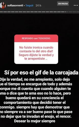 Sofía Sorrenti ironizó en Instagram acerca de los dichos de su ex