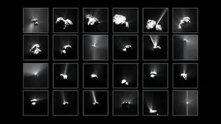 Collage cortesía de la Agencia Espacial Europea en el que se recopilan algunas de las mejores fotos realizadas por la sonda Rosetta al cometa 67P/Churyumov-Gerasimenko