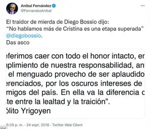 Cuando Diego Bossio pasó al Frente Renovador de Sergio Massa, Aníbal le dedicó uno de sus "tuits" más agresivos.