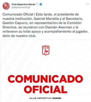 El comunicado oficial de Deportivo Morón en apoyo a Damián Akerman, ídolo de la institución