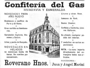 Aviso de la Confitería del Gas publicado en 1903 en Caras y Caretas, durante la etapa en que los hermanos Marini eran sucesores propietarios.