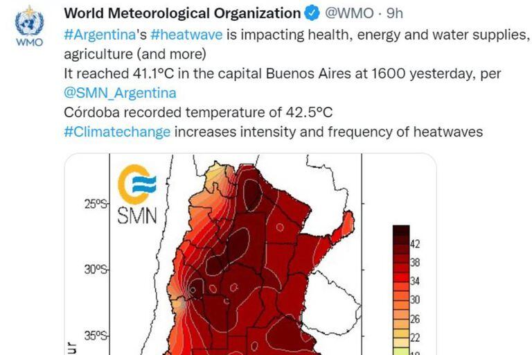 La Organización Meteorológica Mundial, que depende de la ONU, advirtió sobre la ola de calor en la Argentina, que impacta, según su Twitter oficial, "en la salud, la energía, el suministro de agua y la agricultura"