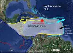 El mapa realizado por el USGS muestra la placa tectónica del Caribe que se deslizó y produjo el sismo en Haití