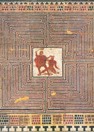 Mosaico romano que representa la lucha entre Teseo y el Minotauro; proviene de la villa romana de Loigersfelder, Austria.
