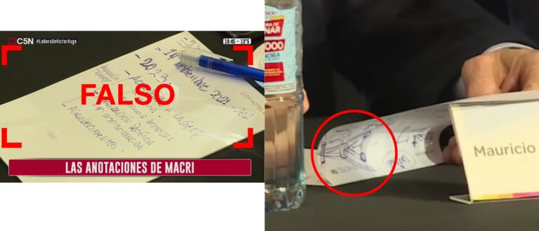 Las anotaciones atribuidas a Macri por el canal no coinciden con las que sí se ven escritas por Macri durante el mismo corte de C5N, segundos antes.