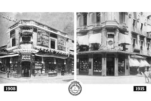 Las dos esquinas y momentos del Bazar Paris: en Hipólito Irigoyen al 700, y, más tarde, en Av. de Mayo al 700.
