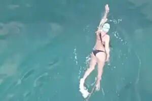 Una mujer salió a nadar en pleno invierno y se encontró con un lobito de mar