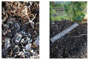 Izquierda: En el sector de compostaje el termómetro controla una óptima degradación del compost. Derecha: Varios carteles van dando la información sobre el funcionamiento de la huerta. Algunos plantines se cultivan en almácigos antes de trasplantarlos al suelo.