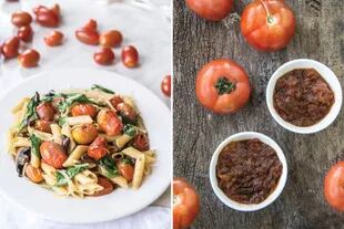 Salteado de tomates chamuscados con pasta (izq.) y salsa de tomates al horno (der.), dos opciones saludables y ricas para aprovechar los frutos.