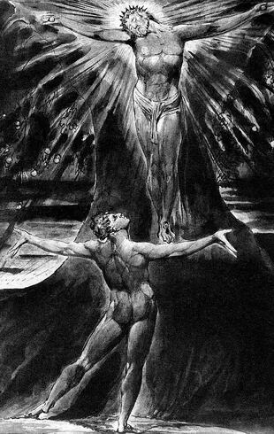 Albión contemplando a Jesús crucificado en el poema con grabados "Jerusalén", de William Blake