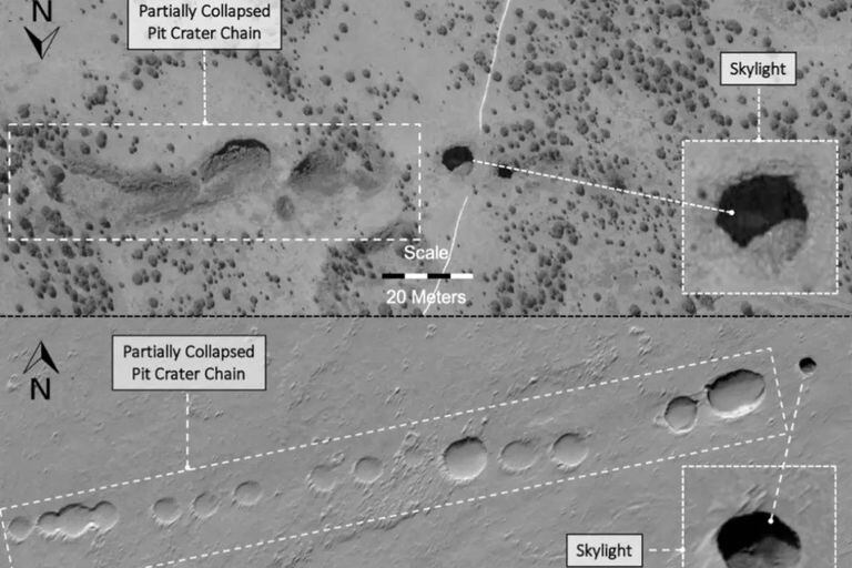 En la imagen superior, una vista aérea de los túneles de lava en Nuevo México, comparado con formaciones similares registradas en Marte