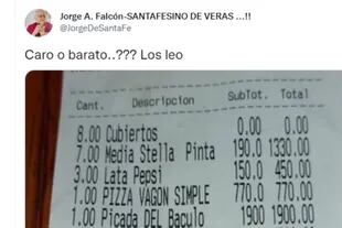 El posteo del internauta apodado Jorge De Santa Fe en el que se ve la cuenta de su comida.