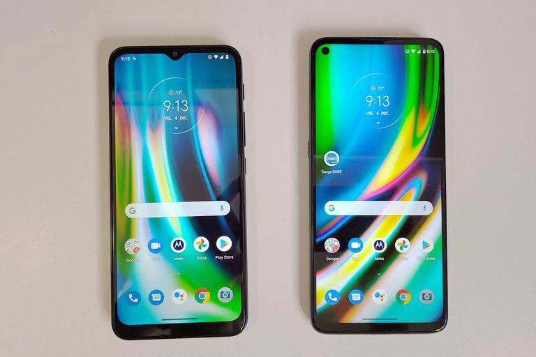 De izquierda a derecha, el Moto G9 Play y Moto G9 Plus, con Android 10 y Moto UX, la función de personalización de Motorola