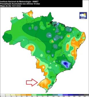 Precipitaciones acumuladas en los últimos diez días en Brasil, con Rio Grande do Sul entre los Estados menos favorecidos
