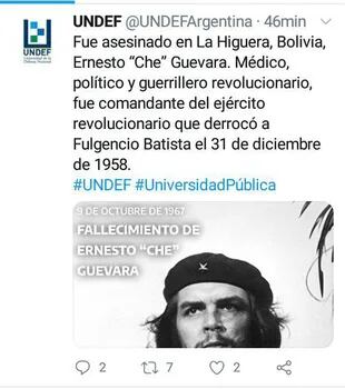 El tuit de homenaje al Che Guevara fue borrado por la Universidad de la Defensa Nacional, luego de la fuerte reacción negativa que generó