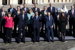 Los líderes mundiales llegados a San Petersburgo se tomaron hoy la tradicional foto de familia