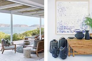 Living de líneas contemporáneas que mira a la bahía en la galería que da al mar. Al lado, sólo tres elementos para un expresivo rincón: mesa rústica, fanales de cestería en negro (Loft Living) y cuadro de la artista sudafricana Lyndi Sales. 