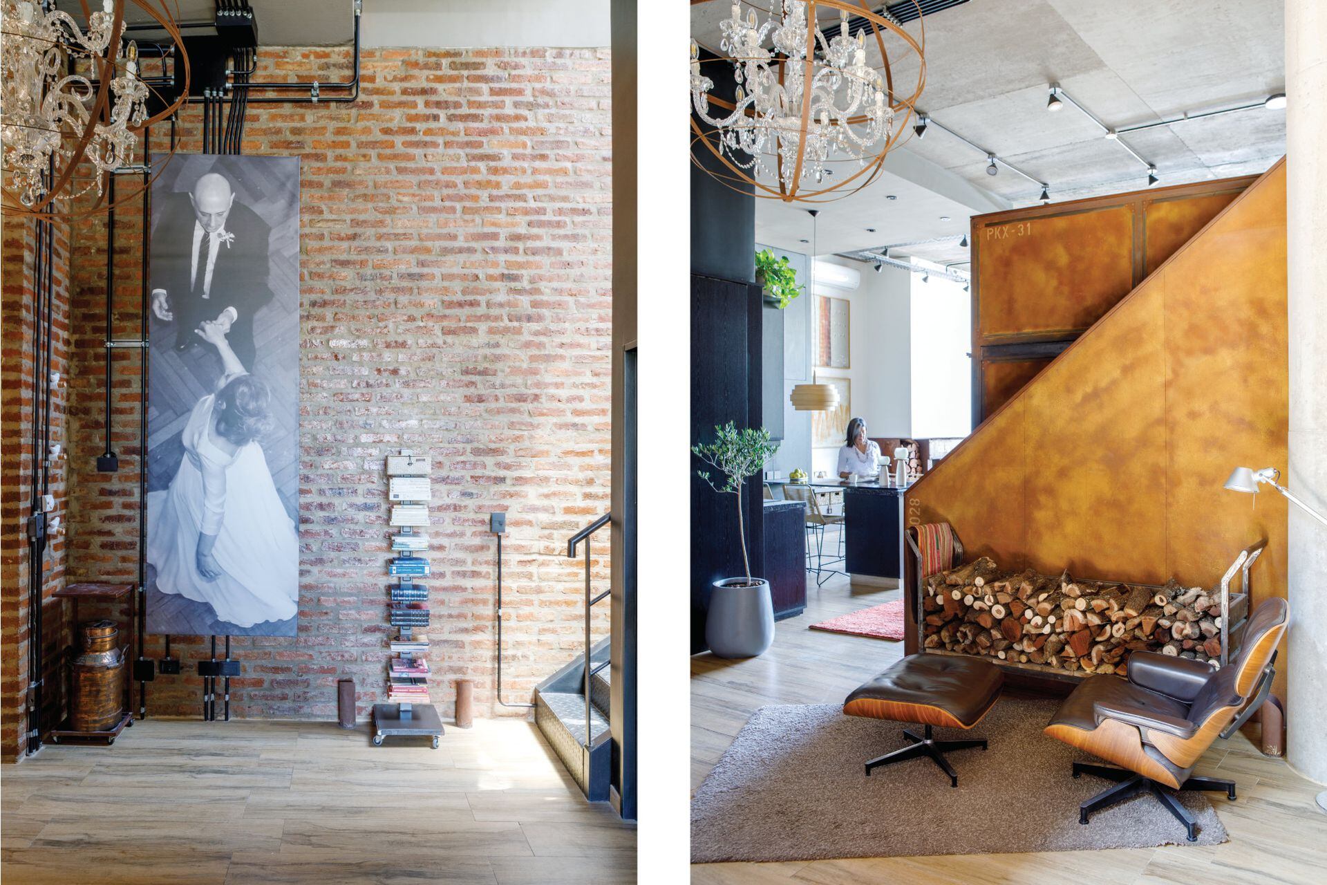 Right: In addition to welcoming, the gigantography hides the board and the light pipes.  Left: Wood-like porcelain tile floor (Barugel), 'Alexa' rug (El Espartano), 'Eames Lounge' armchair and footrest (Herman Miller) and wood cart (Binomio Arquitectura & Diseño).  The fringe chandelier (Mercado Libre) was intervened by the owners with iron rings.  Pot and olive tree (Nature City).