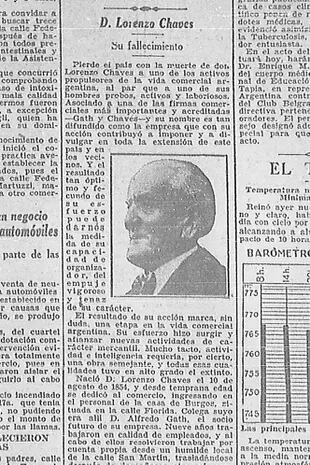 Necrológica de Lorenzo Chaves en La Nación, publicada el 8 de octubre de 1928.