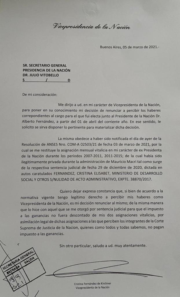 Carta de Cristina Kirchner enviada a Julio Vitobello