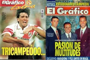 Tapas de El Gráfico, a punto de ganar el tricampeonato. Y con Navarro Montoya junto al presidente Carlos Menem.