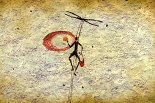 Un pintura rupestre en España que se interpreta como una persona escalando un peñasco con cuerdas para recolectar miel de una colmena de abejas. Es posible que esté usando el humo de una tea para ahuyentar las abejas
