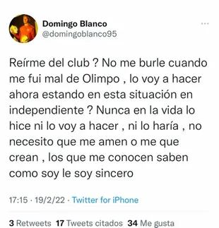 Posteo de Domingo Blanco en febrero, cuando se filtraron chats en los que hablaba de que no renovaría con Independiente